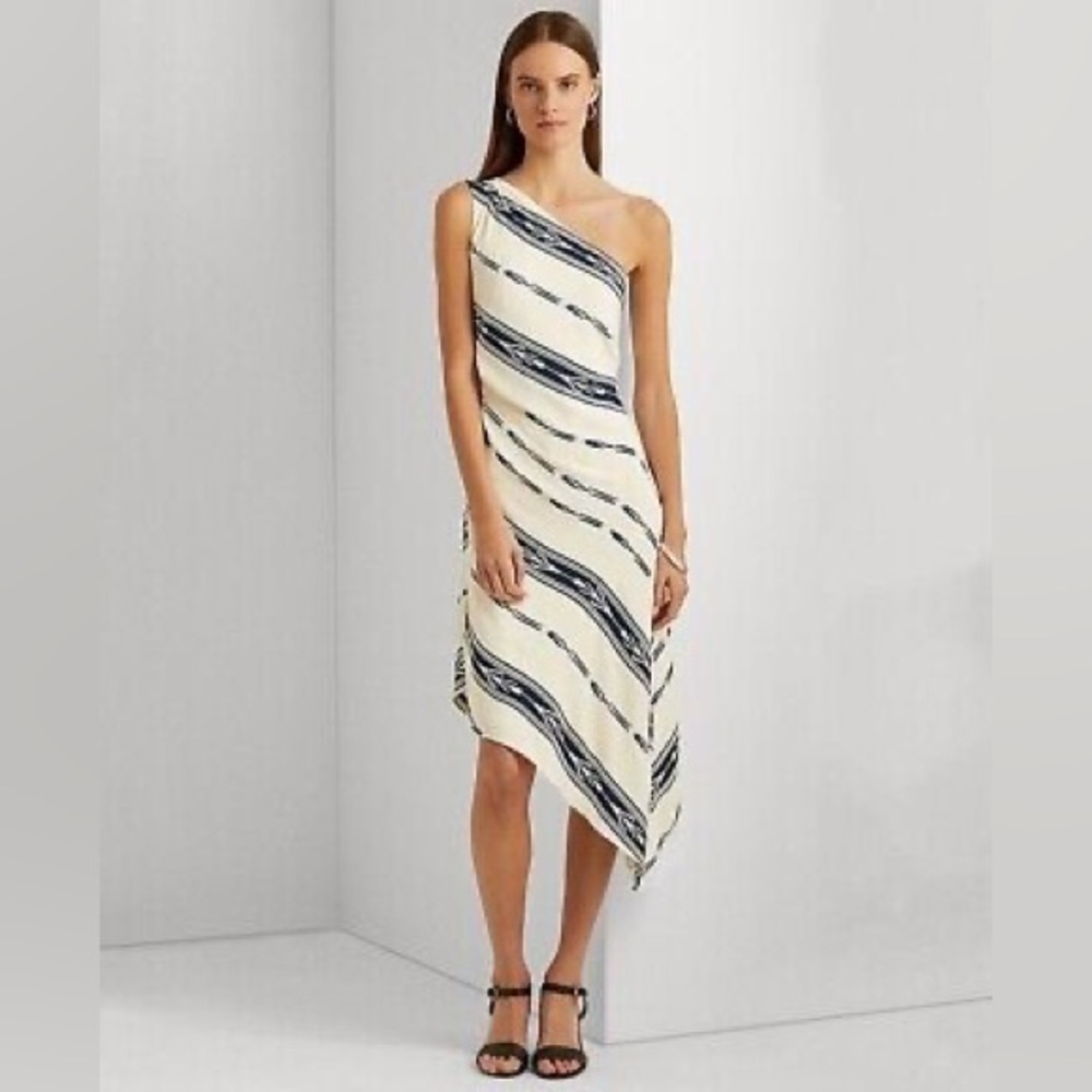 NWT RALPH LAUREN STRIPED GEORGETTE ONE-SHOULDER ASYMMETRICAL DRESS SZ16